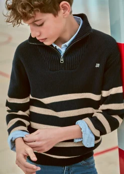 BOY Mayoral Boy Quarter Zip Striped Sweater