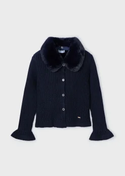 Mayoral Girl Knit Cardigan with Faux Fur Collar
