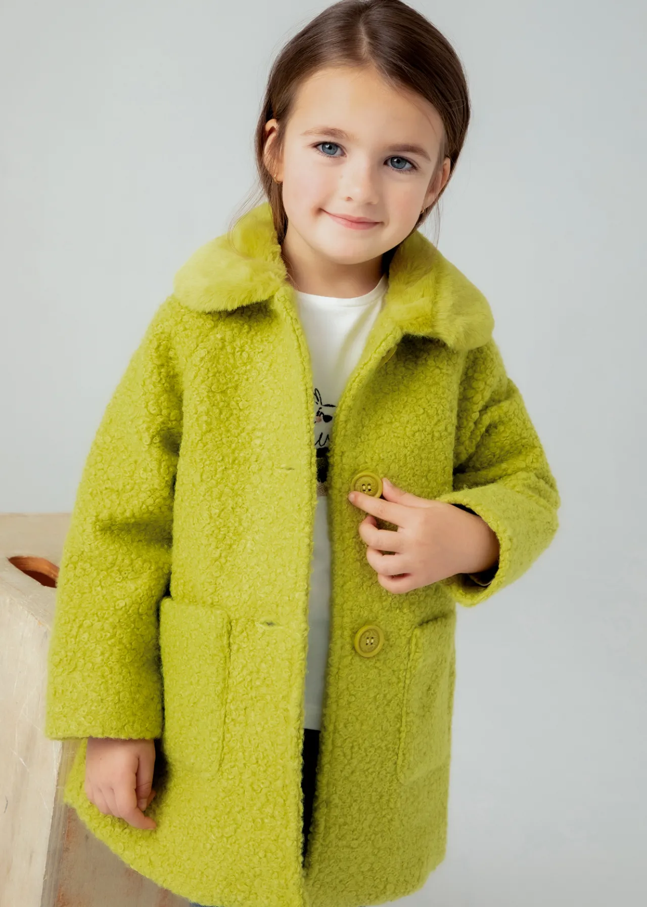 Mayoral Girl Teddy Coat with Faux Fur Collar