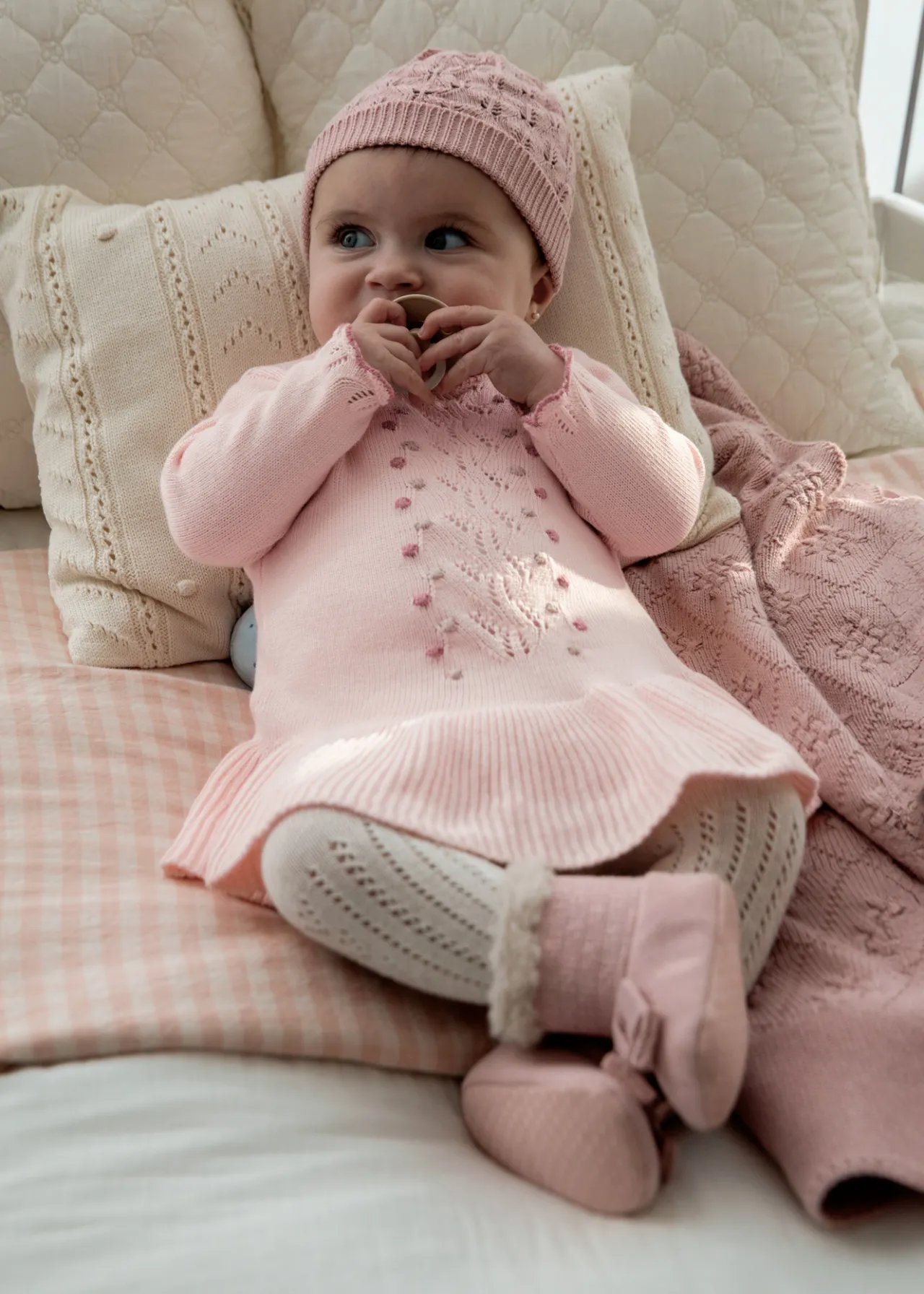 Mayoral Newborn Girl Knit Dress with Hat