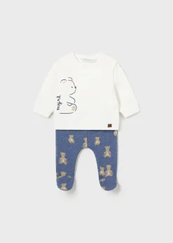 BOY Mayoral Newborn Teddy Print Footed Pant and T-Shirt Set